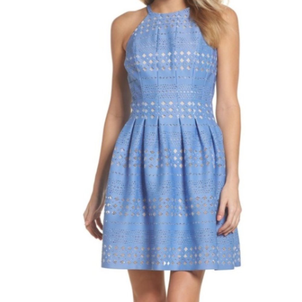 Eliza J Laser Cut Blue Sleeveless Lined Dress